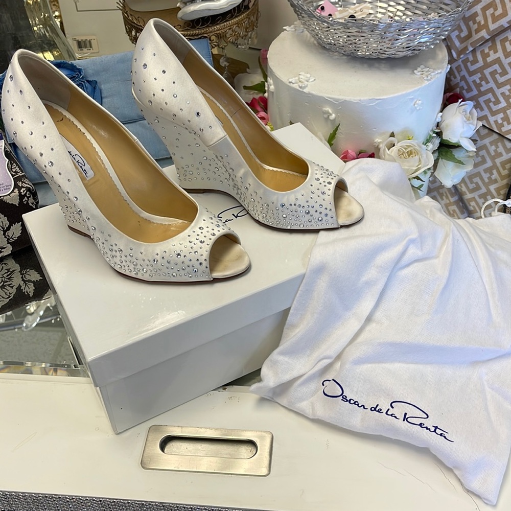 Oscar de la Renta Soft White Wedge Heels with Swarovski Crystals